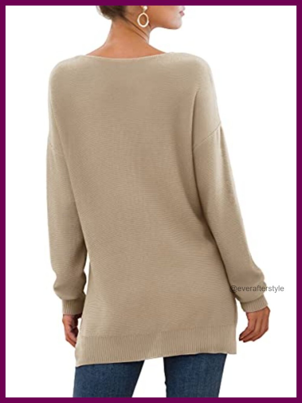 Women's V-Neck Long Sleeve Side Split Loose Knit Pullover Sweater - Picture 4 of 6